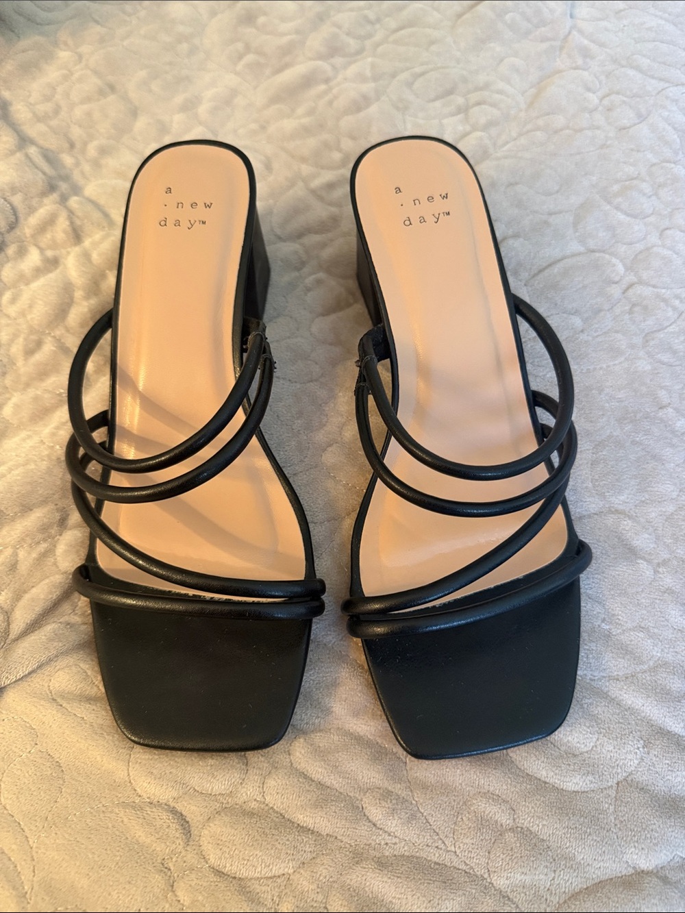 a new day Black Strappy Square-Toe Block Heel Mules